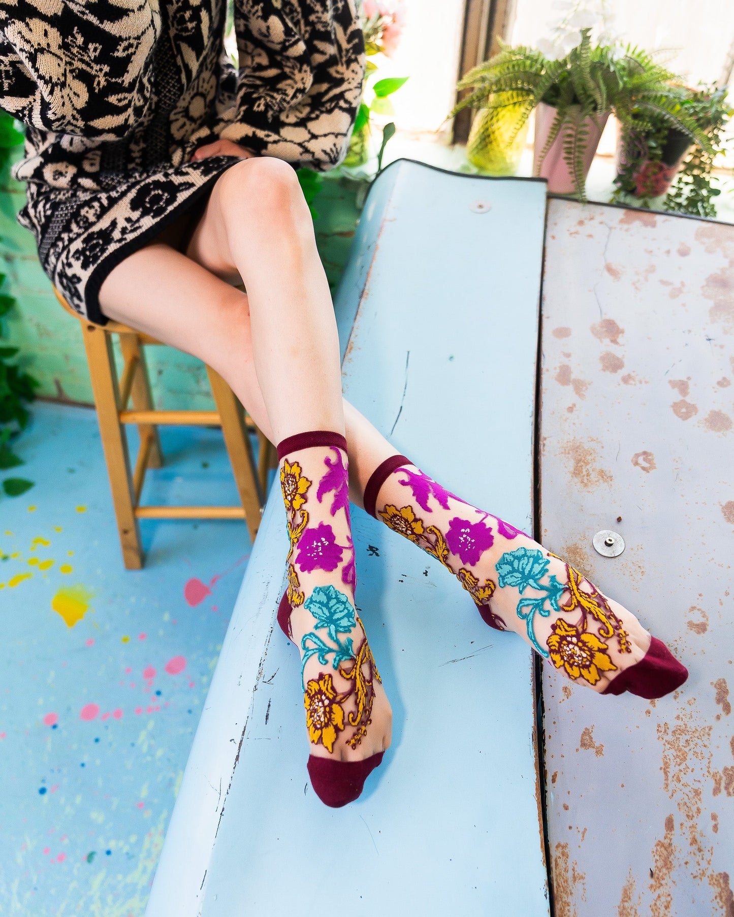 Gem Garden Sheer Crew Sock Jewel Tone Floral Embroidery