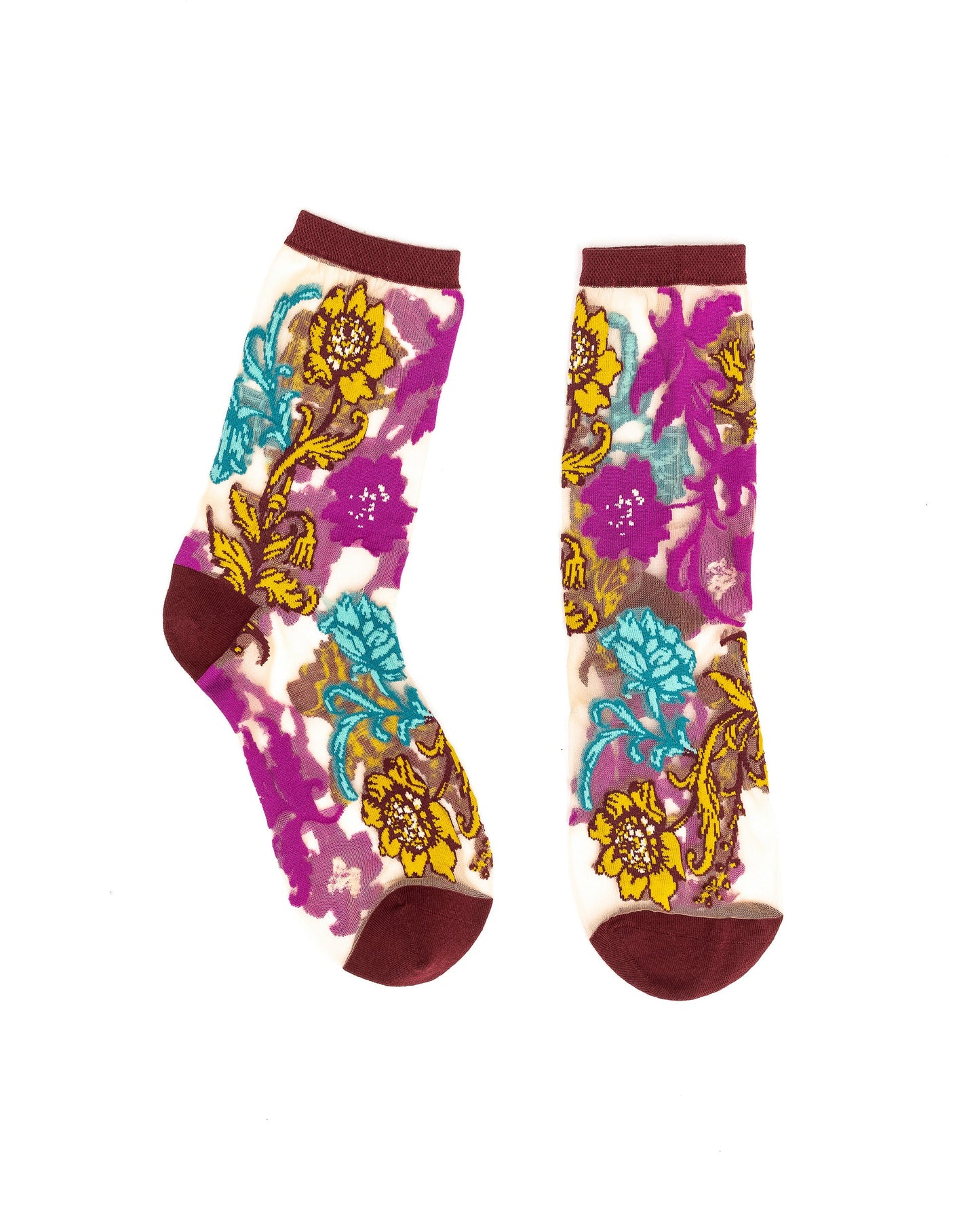 Gem Garden Sheer Crew Sock Jewel Tone Floral Embroidery