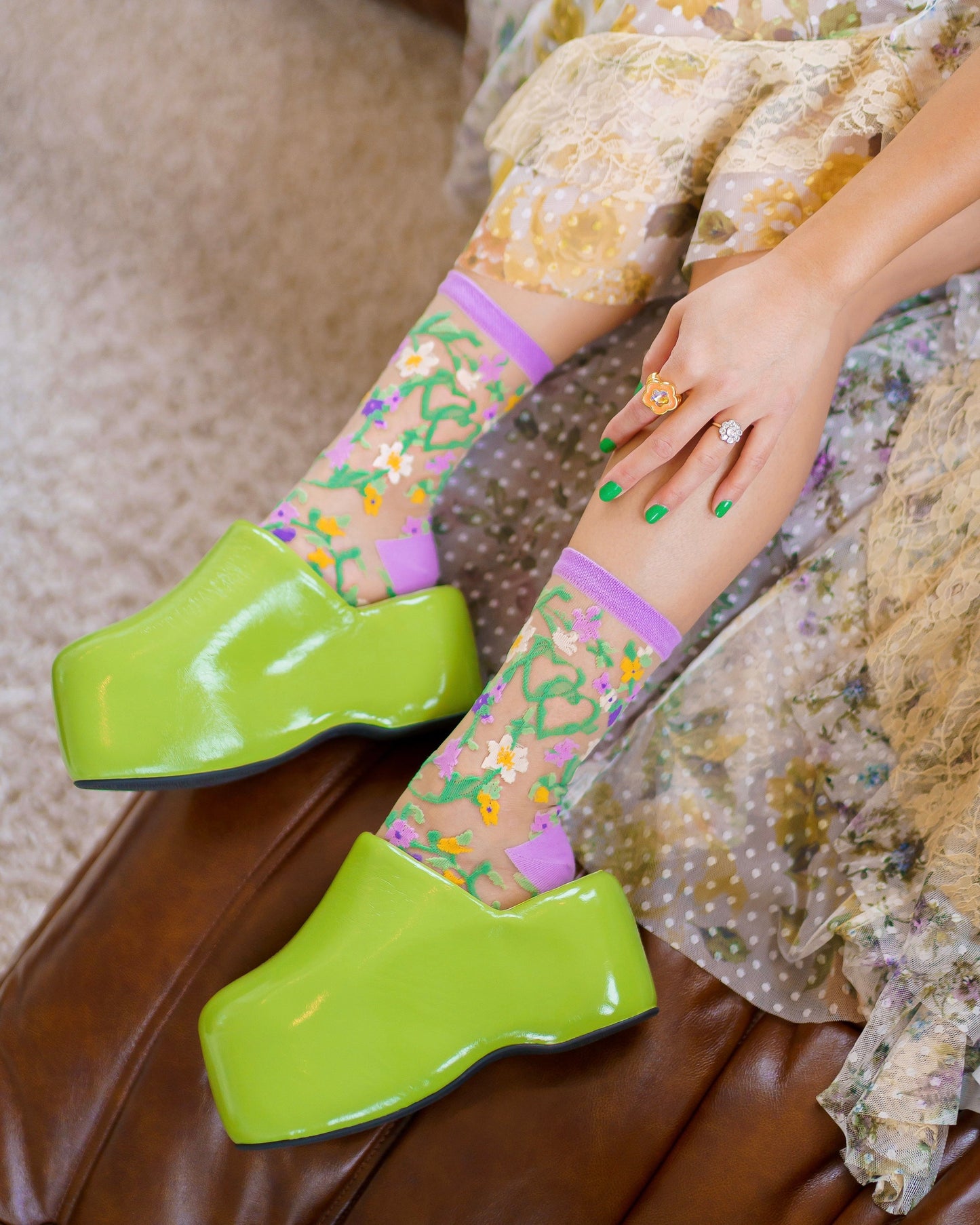 Lavender Yellow Heart Floral Sheer Crew Sock for Brides