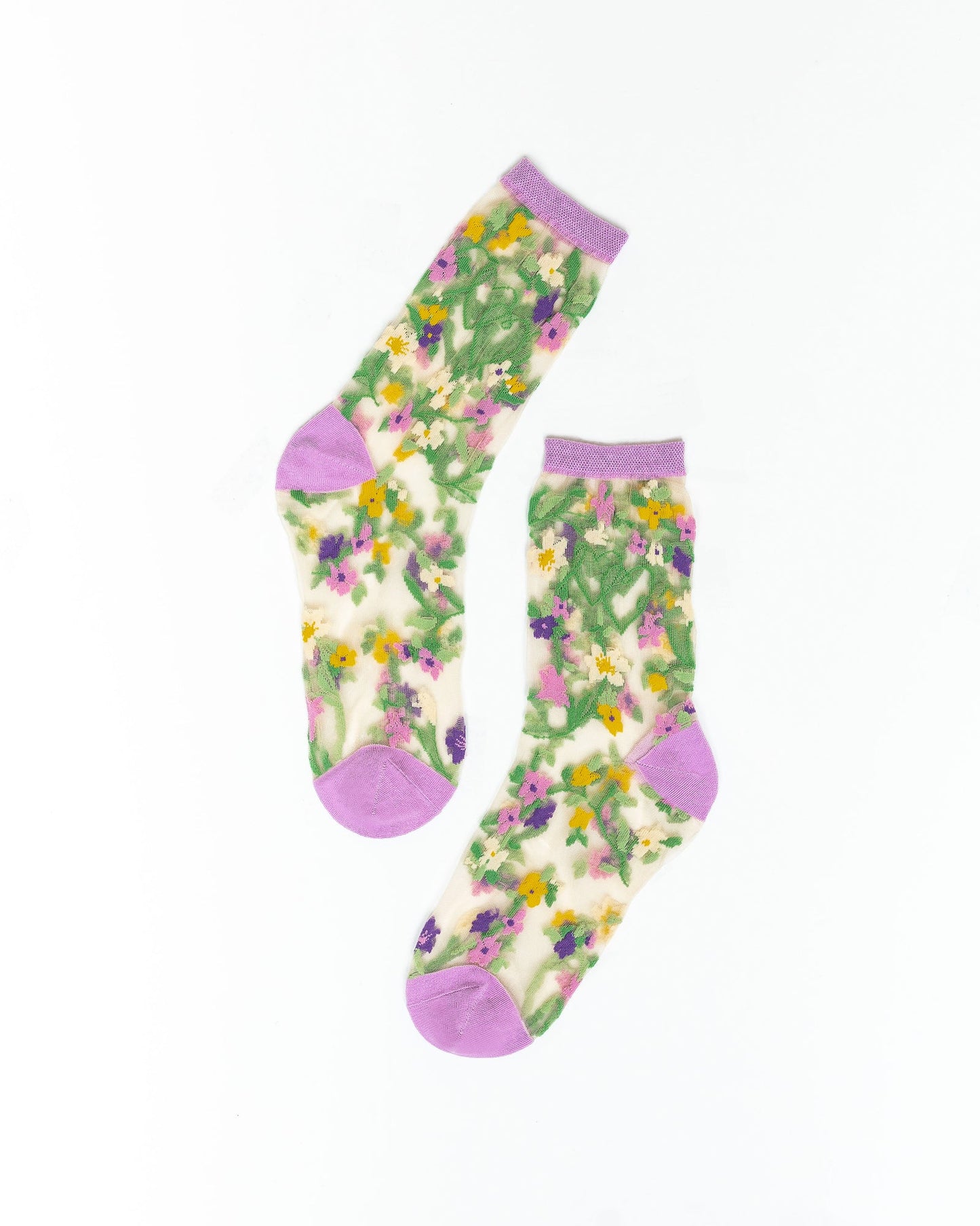 Lavender Yellow Heart Floral Sheer Crew Sock for Brides