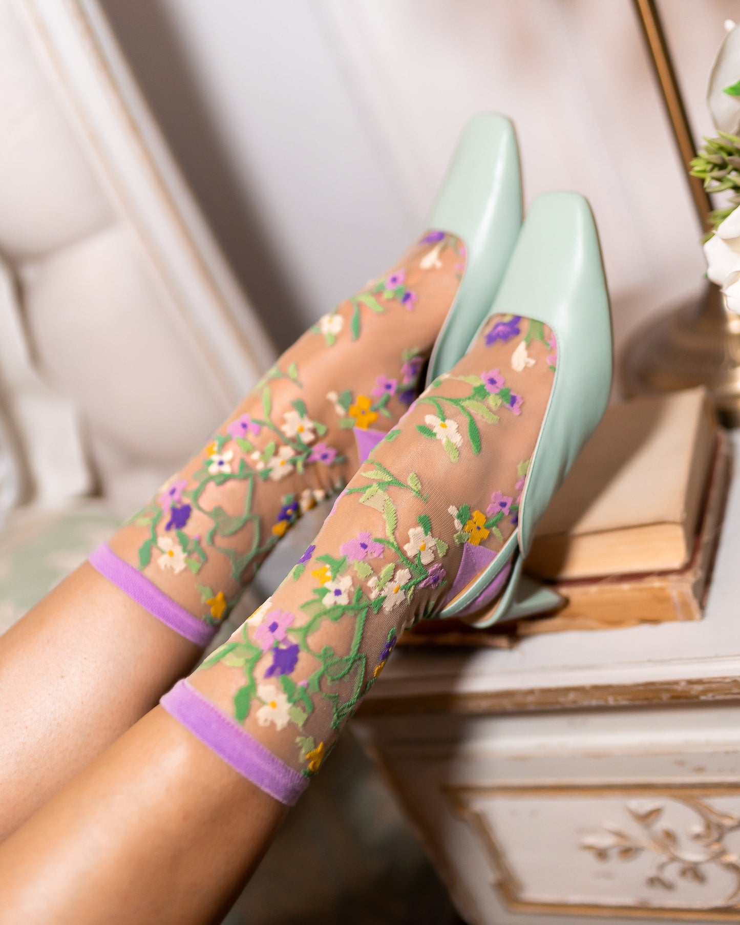 Lavender Yellow Heart Floral Sheer Crew Sock for Brides