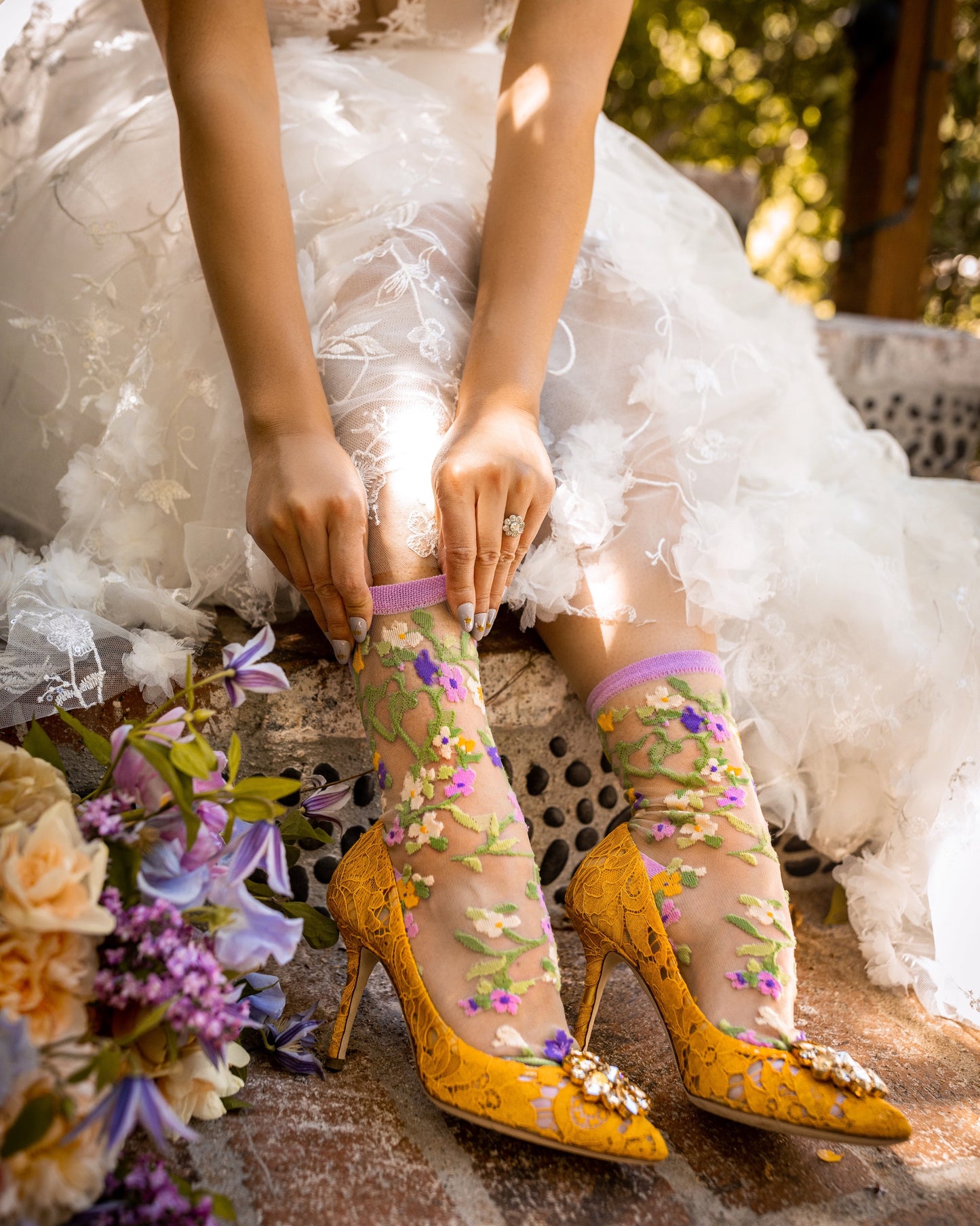 Lavender Yellow Heart Floral Sheer Crew Sock for Brides