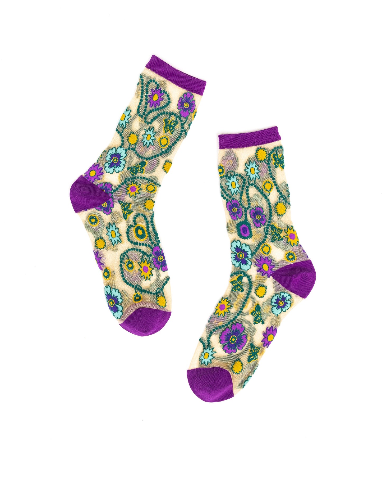 Jeweled Floral Gold Shimmer Sheer Crew Sock Party Ready