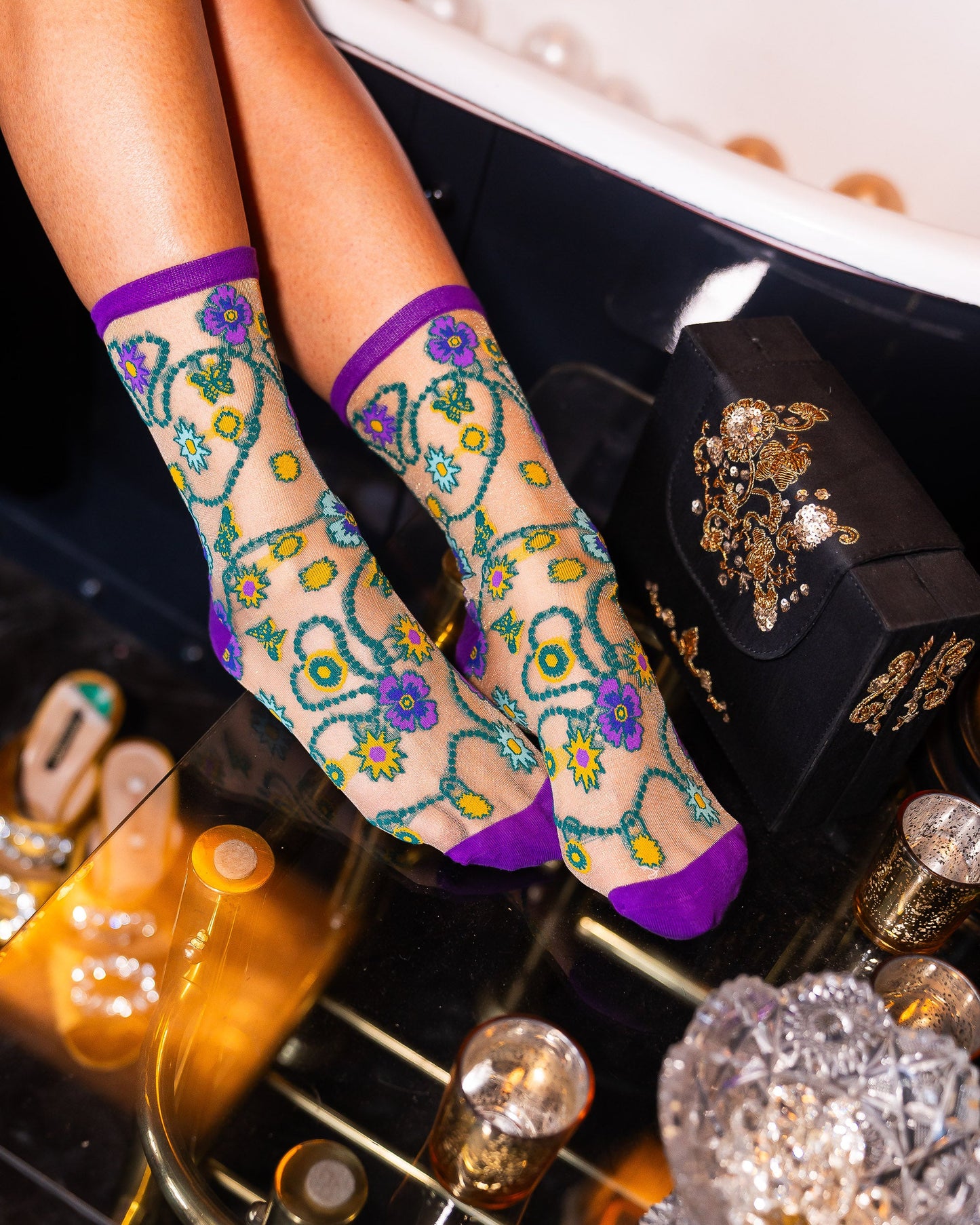 Jeweled Floral Gold Shimmer Sheer Crew Sock Party Ready
