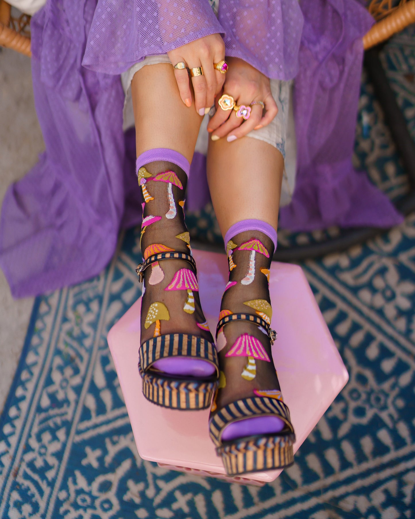 Magic Mushrooms Black Sheer Crew Socks For Boho Style