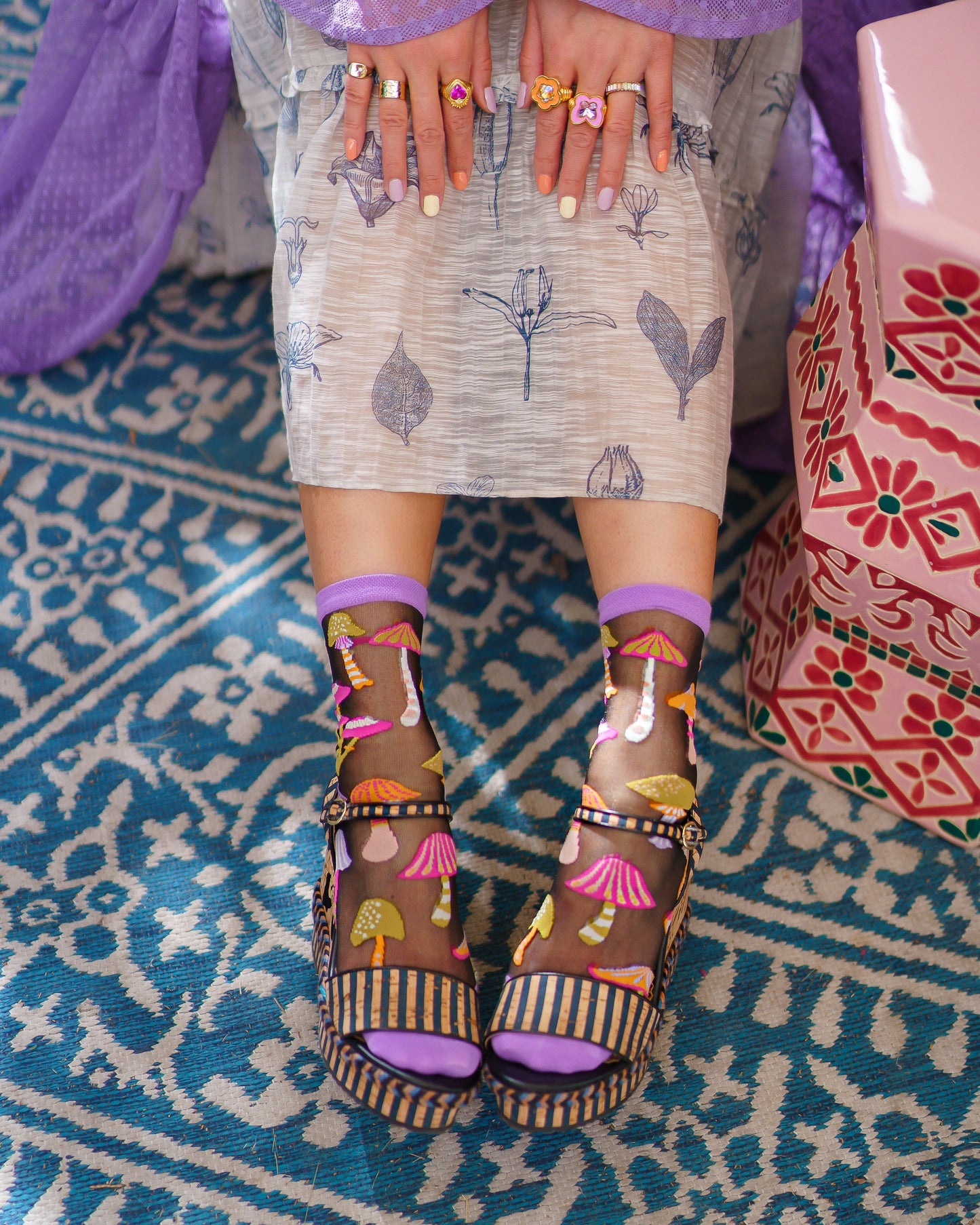Magic Mushrooms Black Sheer Crew Socks For Boho Style