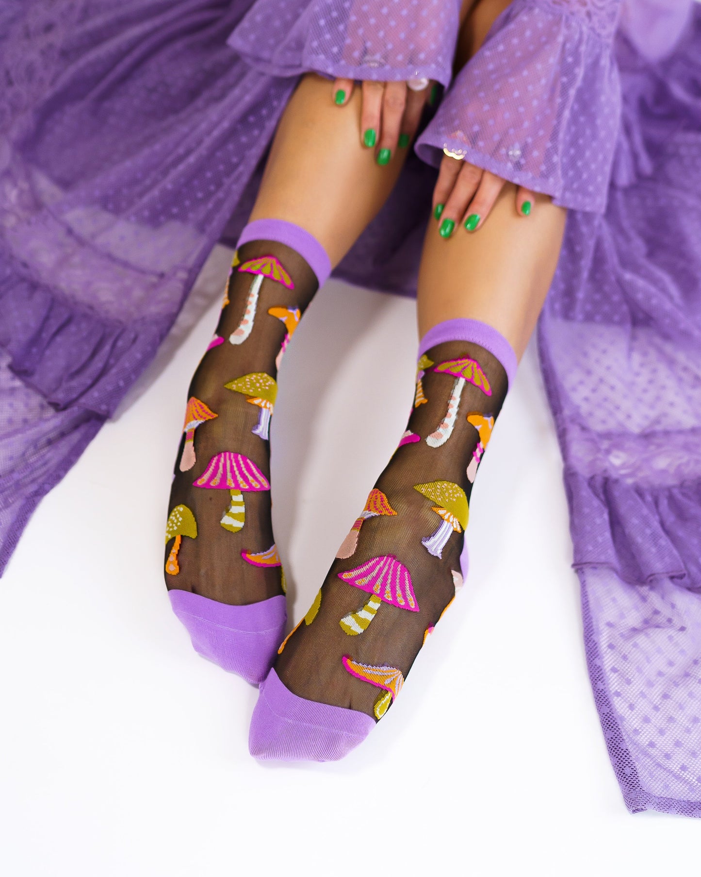 Magic Mushrooms Black Sheer Crew Socks For Boho Style