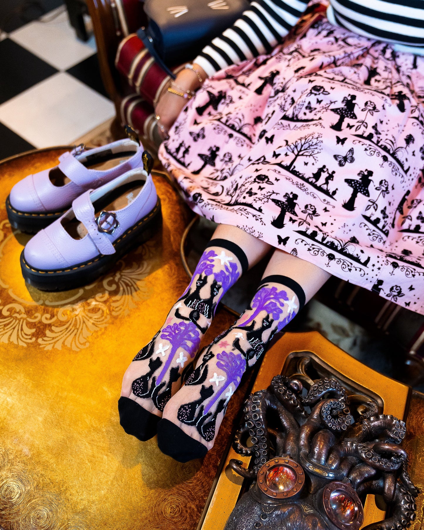 Nocturnal Cats Sheer Crew Sock Halloween Fashion Socks