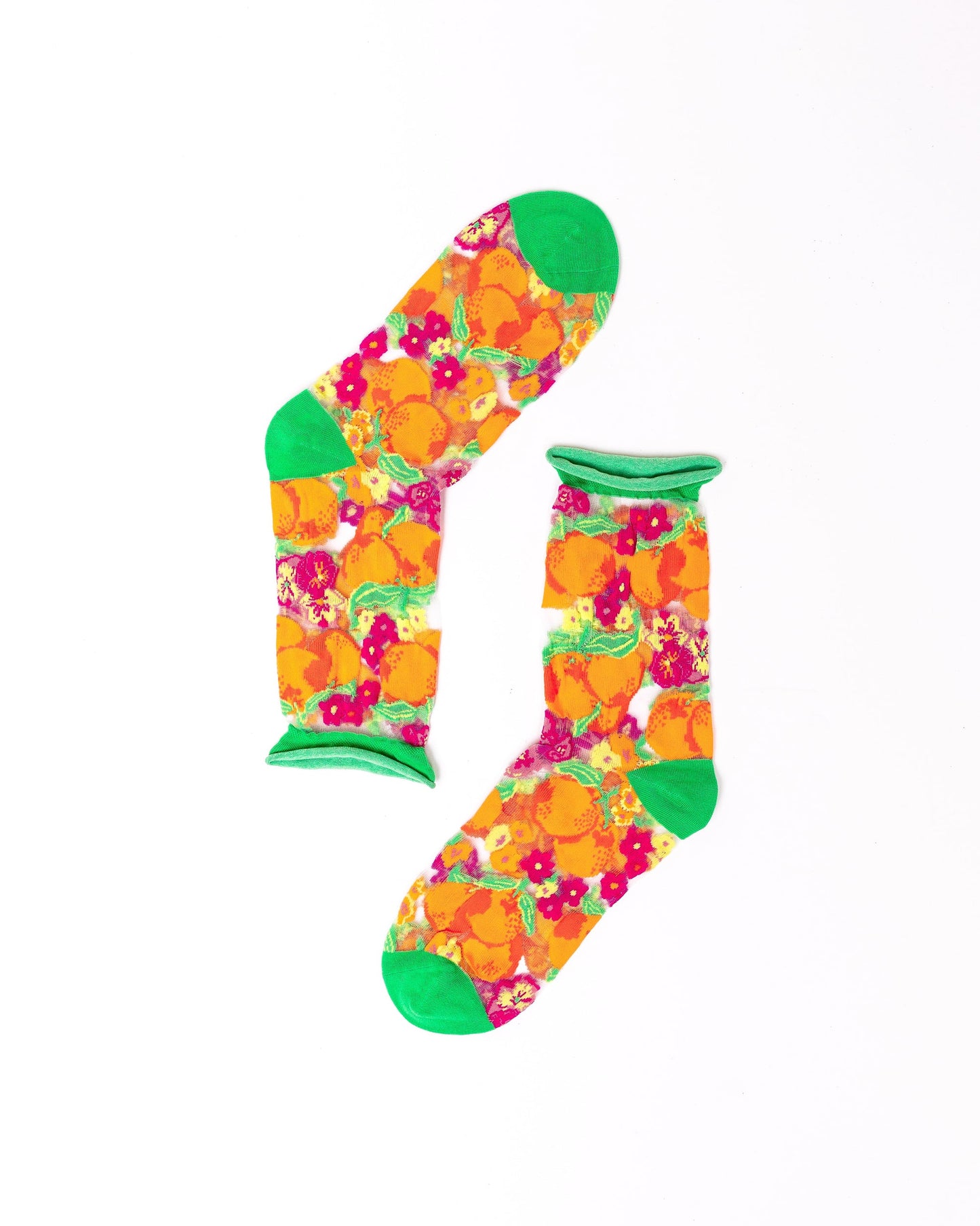 Orange Floral Sheer Crew Sock Watercolor Print Green Heel
