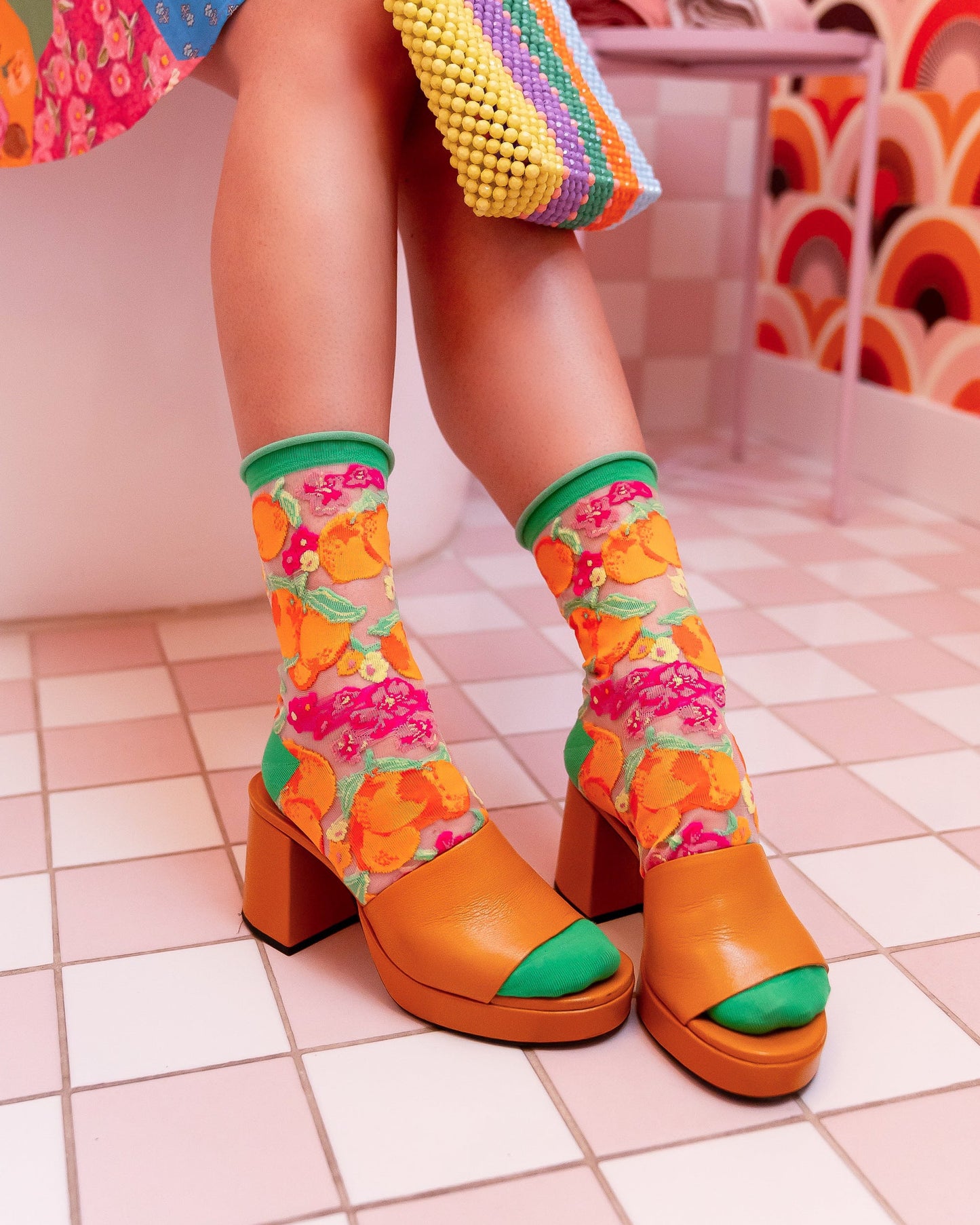 Orange Floral Sheer Crew Sock Watercolor Print Green Heel