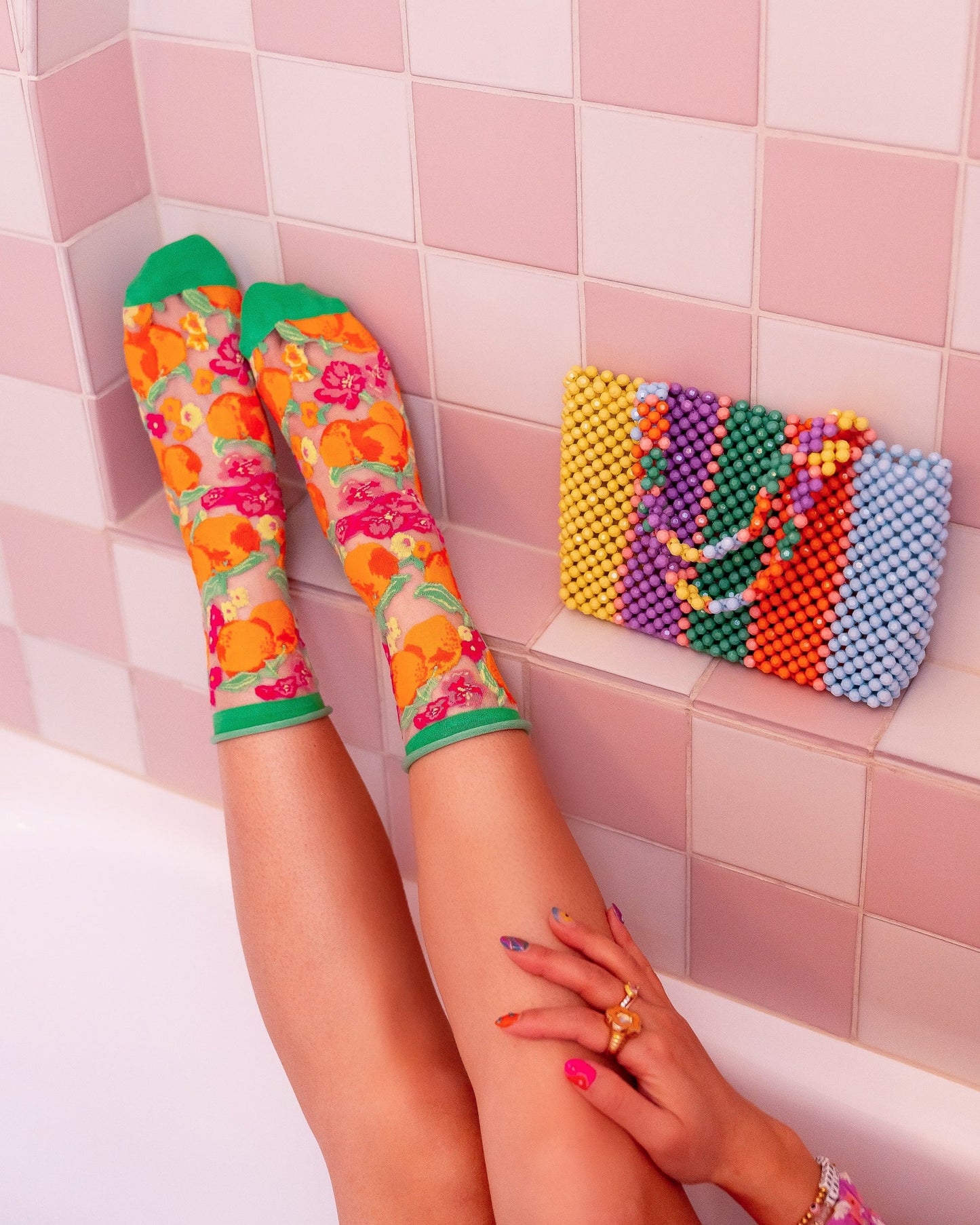 Orange Floral Sheer Crew Sock Watercolor Print Green Heel