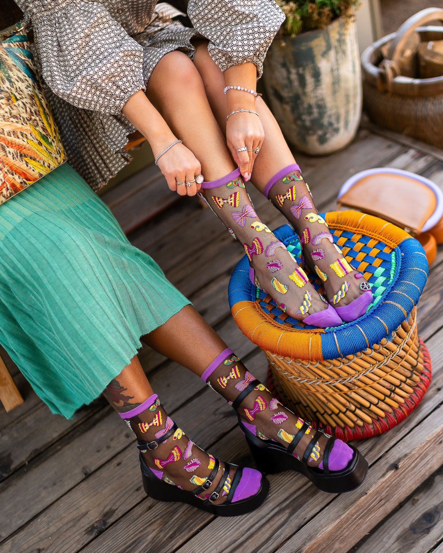 Pasta Black Sheer Crew Socks From Sock Candy Bold