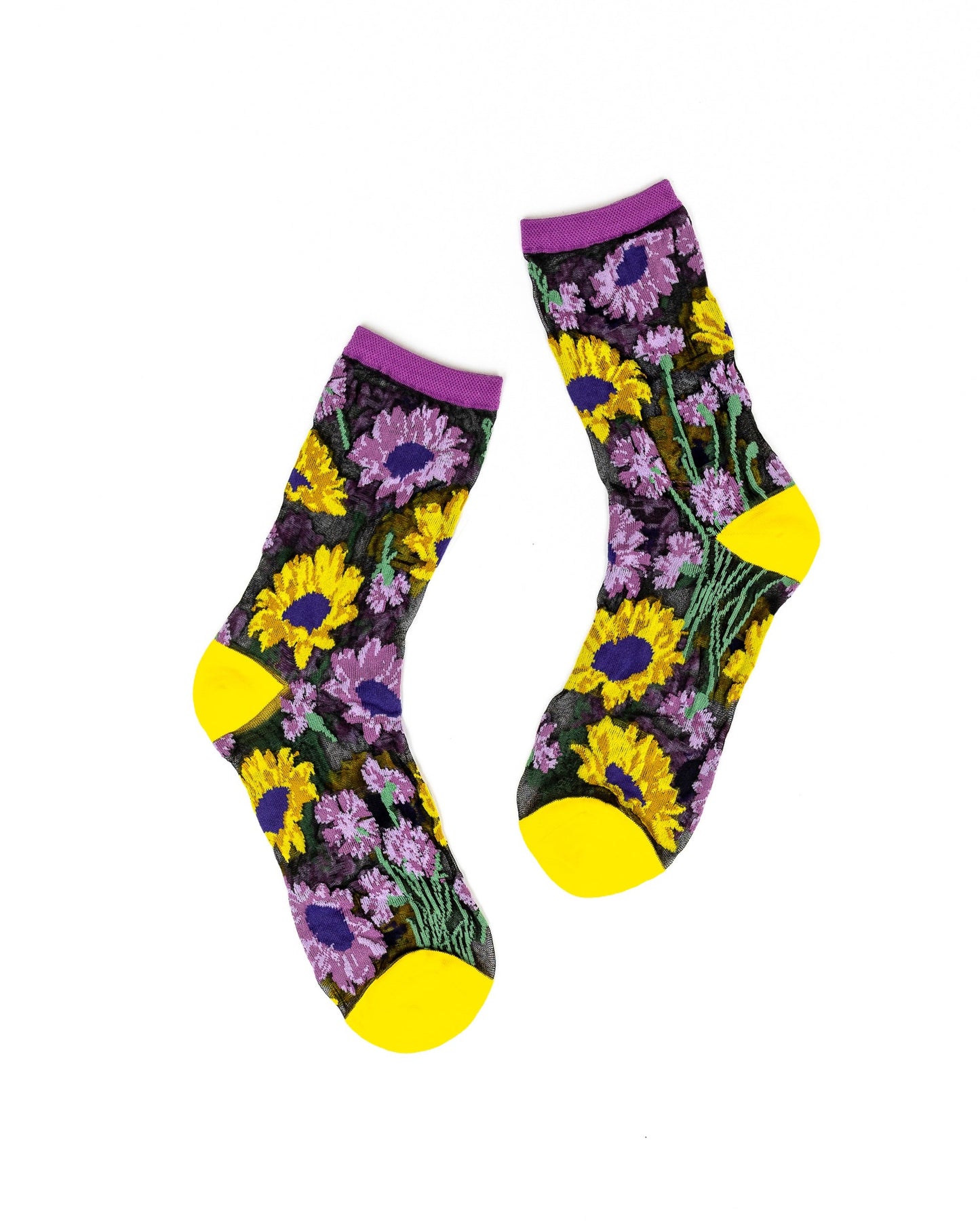Elegant Black Sheer Crew Socks With Mixed Sunflowers