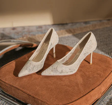 Beige Mesh High Heel Women's Shoes with Rhinestones