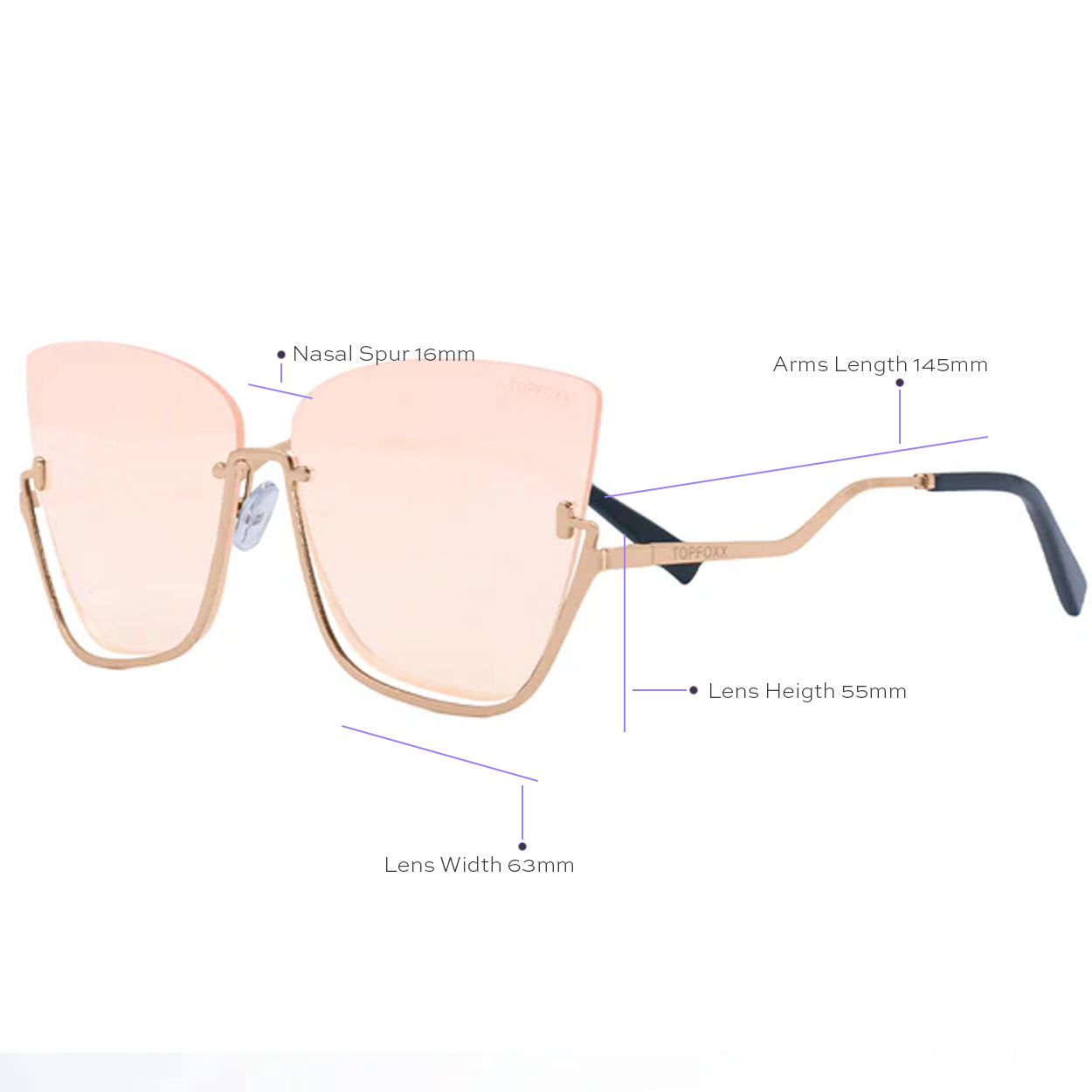 Vixen Rosegold Rimless Cat Eye Sunglasses Metal Frame