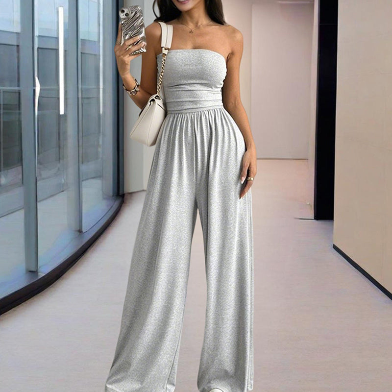 Women Solid Color Strapless Jumpsuit Wide-Leg Palazzo Pants With