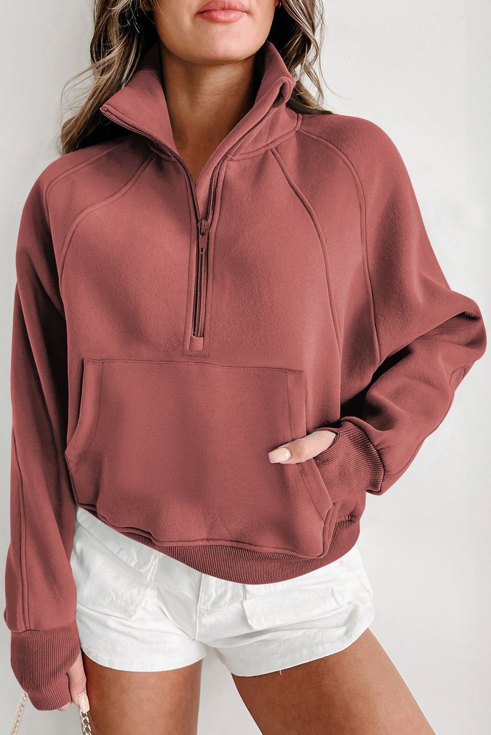 Green Zip Stand Collar Ribbed Thumbhole Sleeve Sweatshirt