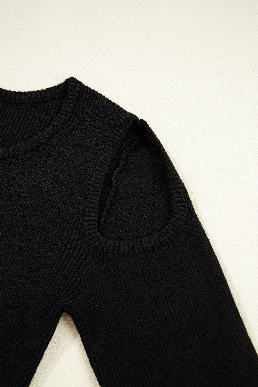 Black Ribbed Knit Cold Shoulder Sweater With Subtle Cutouts
