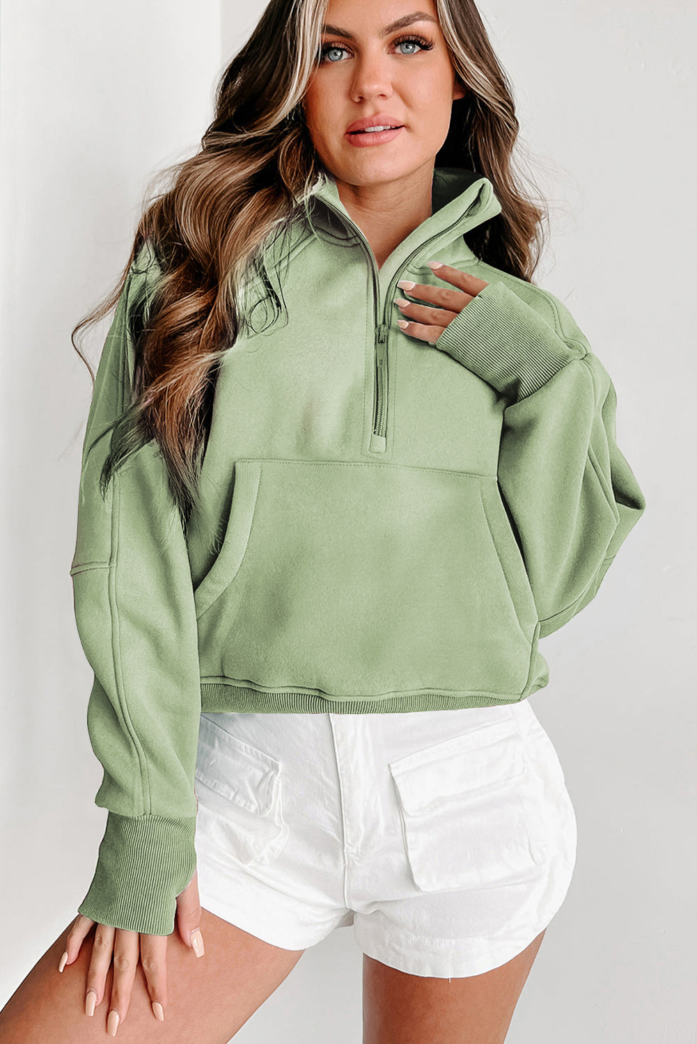 Green Zip Stand Collar Ribbed Thumbhole Sleeve Sweatshirt