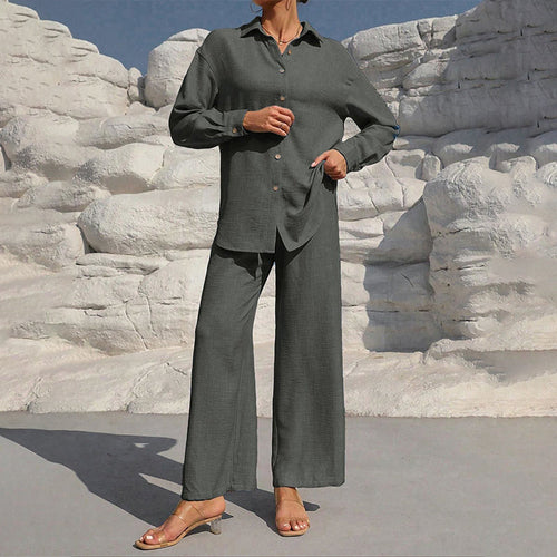 Women Solid Color Lapel Long Sleeve Pants Set - Button-Up Casual