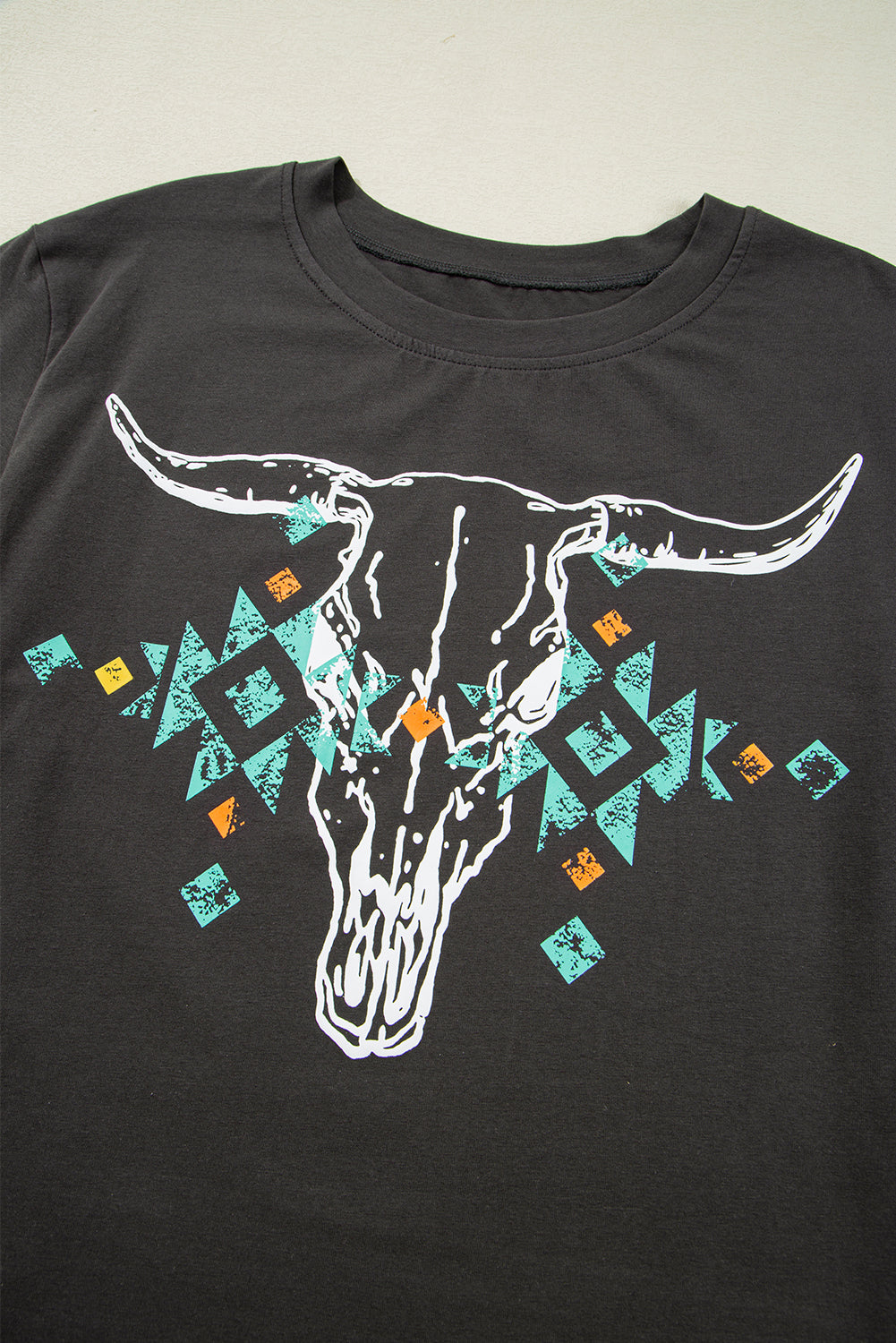 Carbon Grey Vintage Bull Head Graphic Turquoise T Shirt