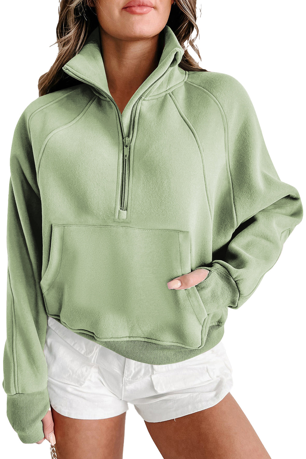 Green Zip Stand Collar Ribbed Thumbhole Sleeve Sweatshirt
