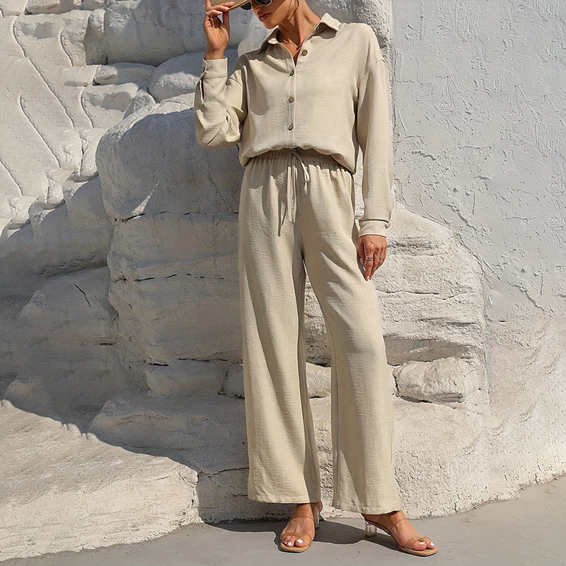 Women Solid Color Lapel Long Sleeve Pants Set - Button-Up Casual