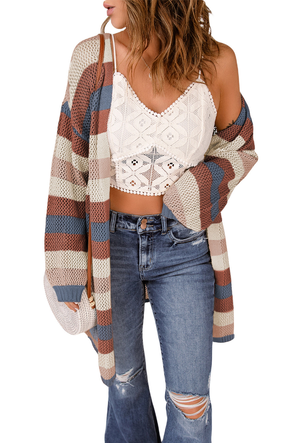Dark Blue Color Block Striped Cutout Knit Cardigan