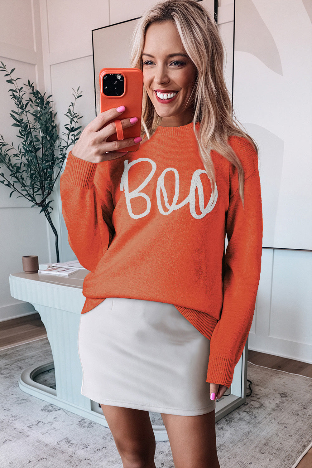 Orange Halloween Boo Drop Shoulder Knit Sweater Cozy Warm