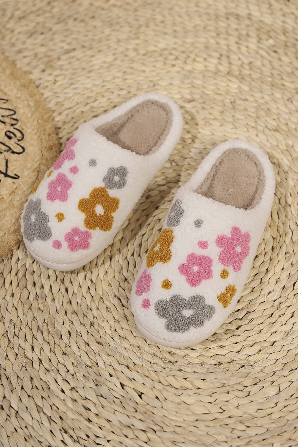 White Floral Fuzzy Winter Slippers With Cloudlike Comfort