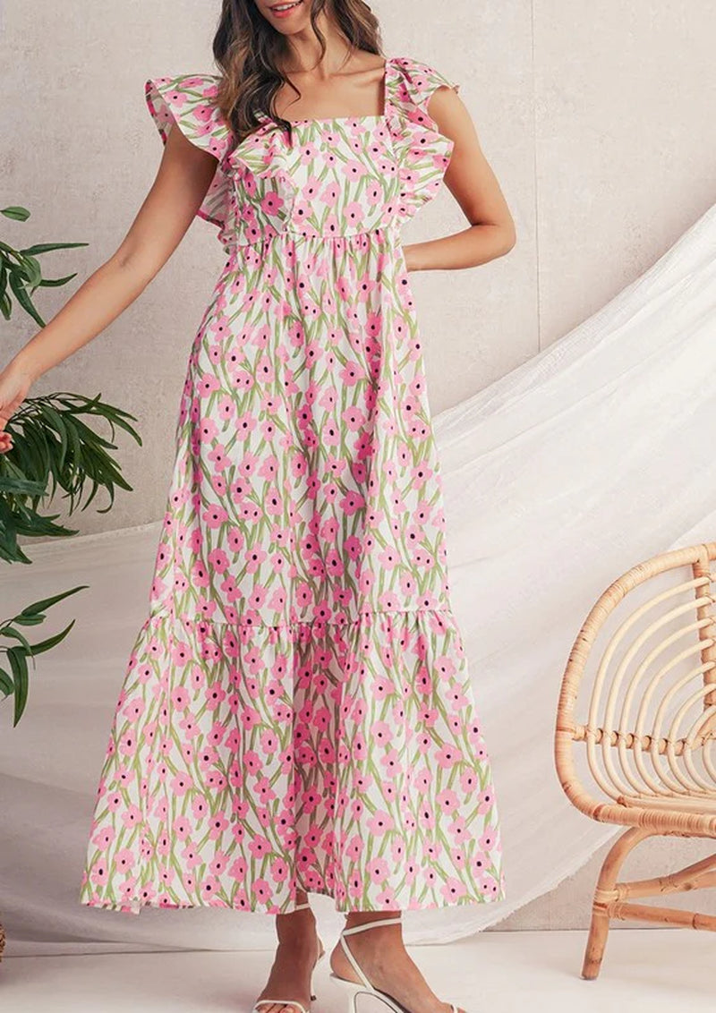 Get ready to bloom in our stunning Pink Floral Maxi Dress with Ruffled Straps! 🌸✨ Perfect for any occasion! #FashionGoals #MaxiDressMagic