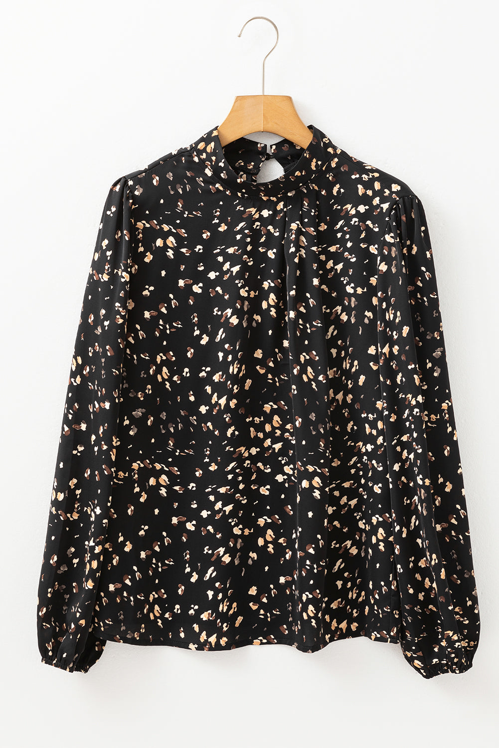 White Leopard Print Puff Sleeve Mock Neck Pleated Blouse