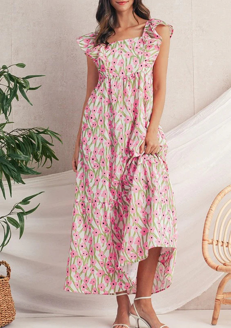 Get ready to bloom in our stunning Pink Floral Maxi Dress with Ruffled Straps! 🌸✨ Perfect for any occasion! #FashionGoals #MaxiDressMagic