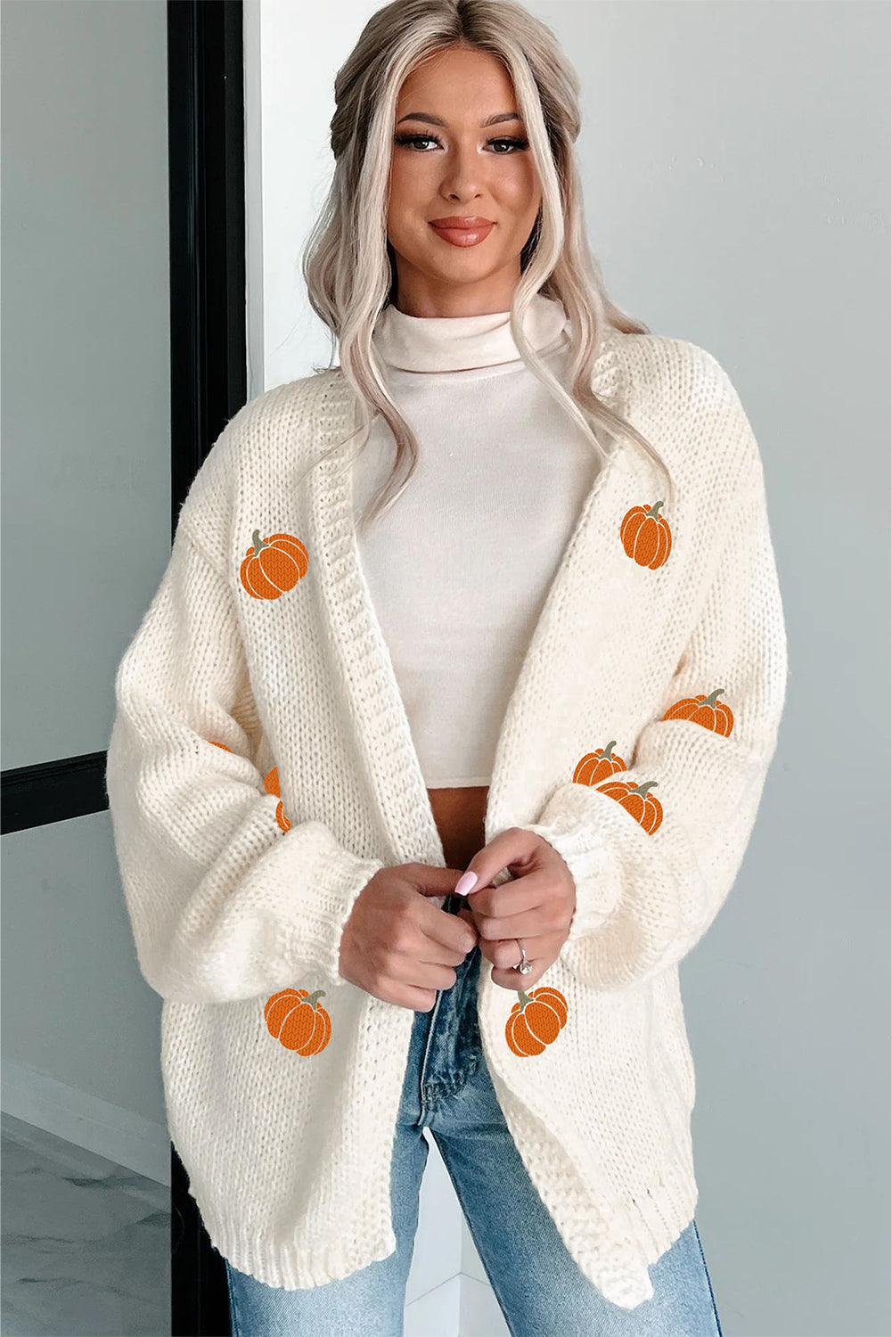 White Pumpkin Print Open Front Drop Shoulder Knit Cardigan *NEW* Shipping earliest date is 9/10