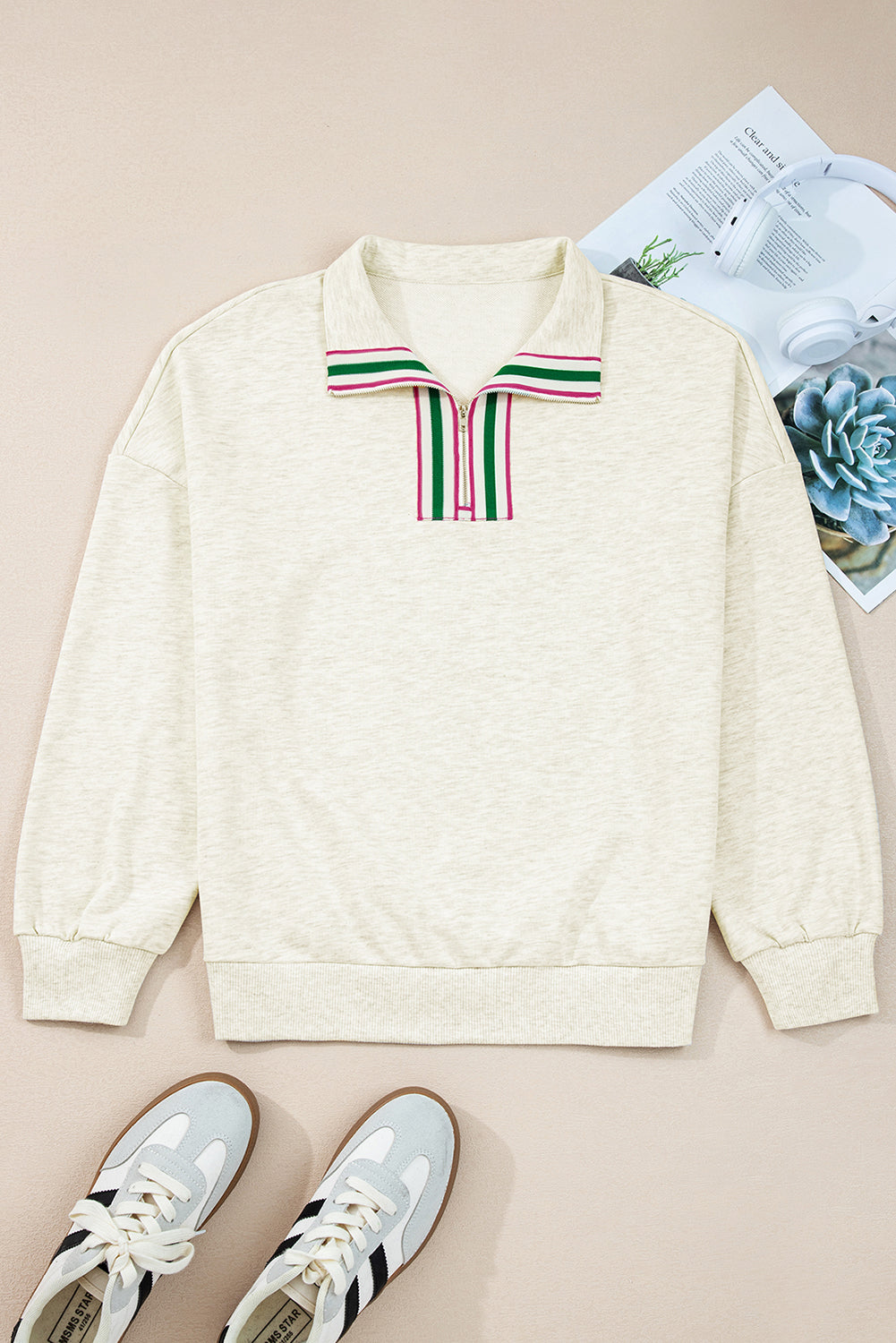 Light Grey Patchwork Collared Pullover Sweatshirt Pop Color