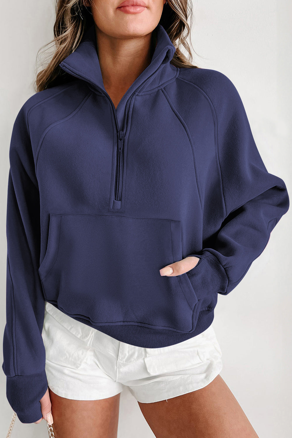 Green Zip Stand Collar Ribbed Thumbhole Sleeve Sweatshirt