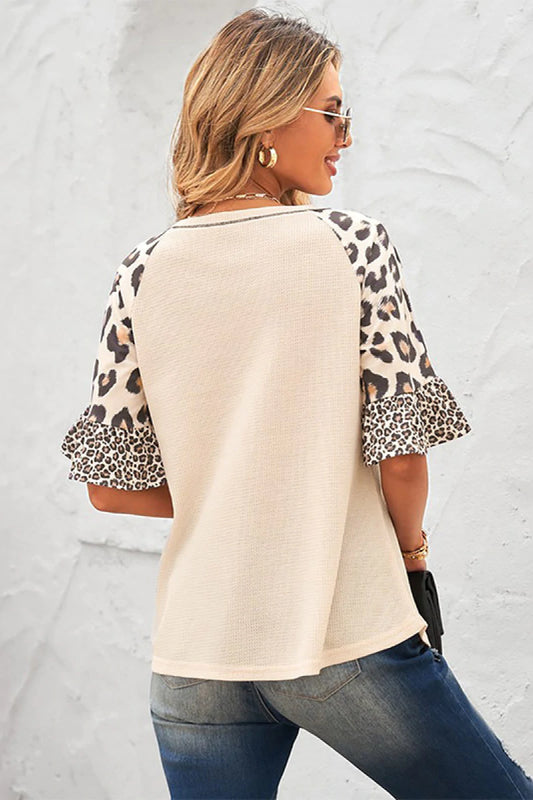 Womens Leopard Print Sleeve Casual Top with Contrast Trim