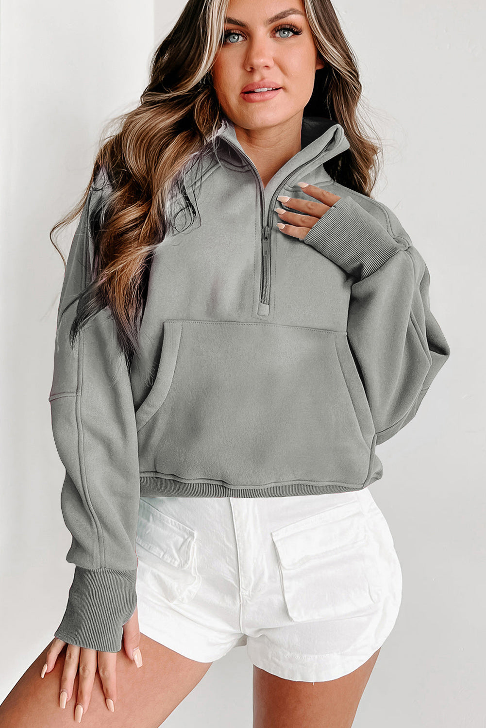 Green Zip Stand Collar Ribbed Thumbhole Sleeve Sweatshirt