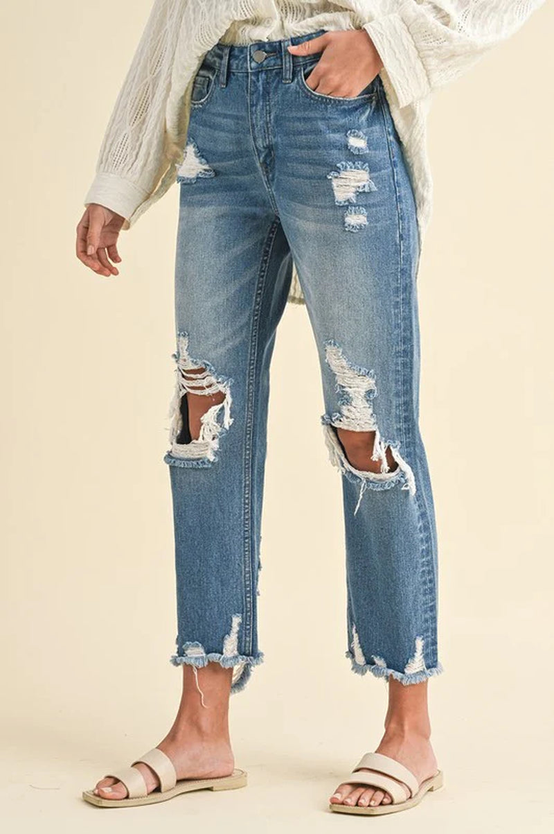 Get the Perfect Edgy Look with Annie Wear's Distressed Raw Hem Cropped Jeans! 💥👖 #FashionGoals #DenimLove