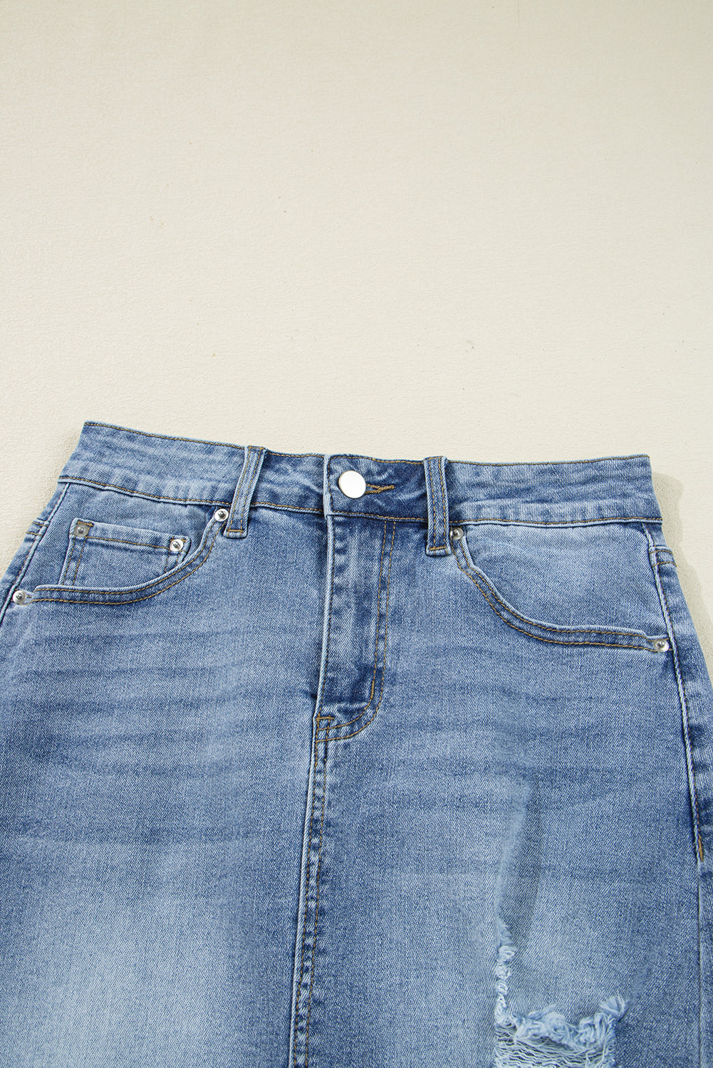 Myosotis Distressed Hem Denim Midi Skirt Irregular Look