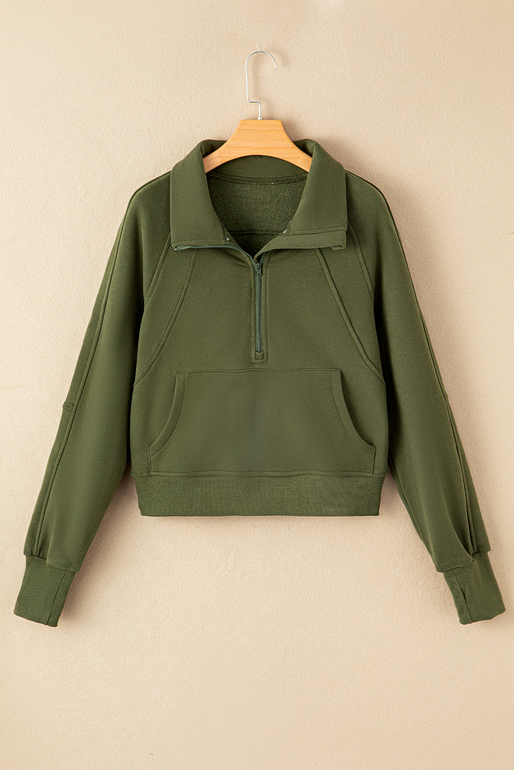 Green Zip Stand Collar Ribbed Thumbhole Sleeve Sweatshirt