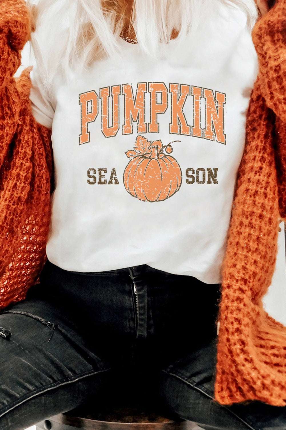 White Pumpkin Season Cracking Printed Cotton Blend T Shirt