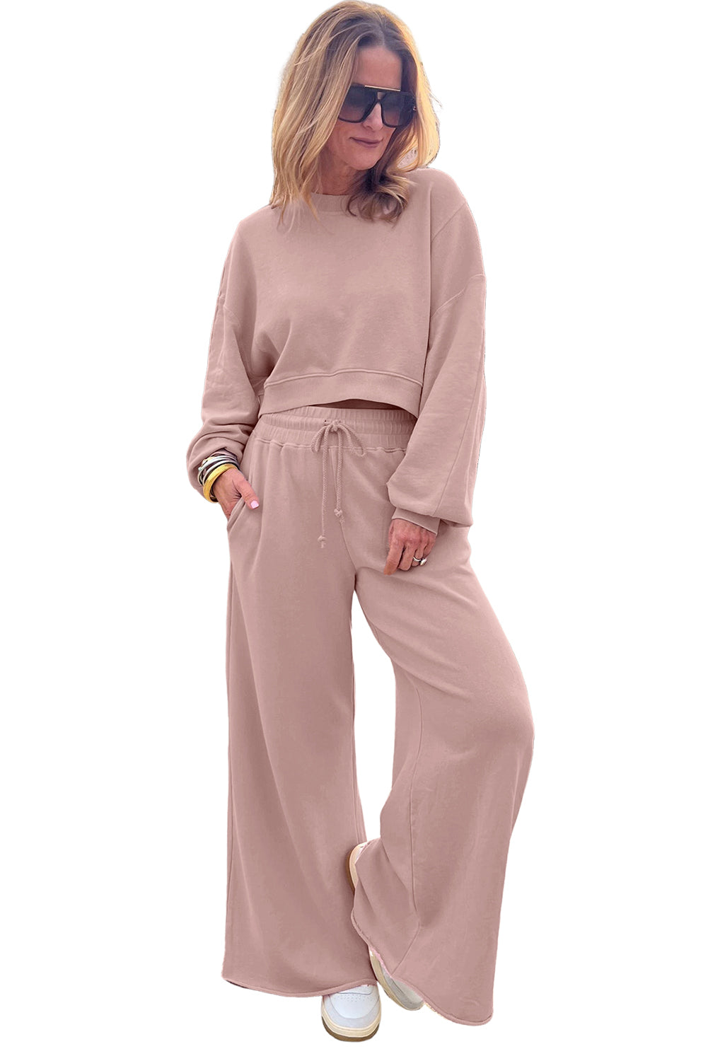 Light Pink Drop Shoulder Crop Top Set With Drawstring Pants
