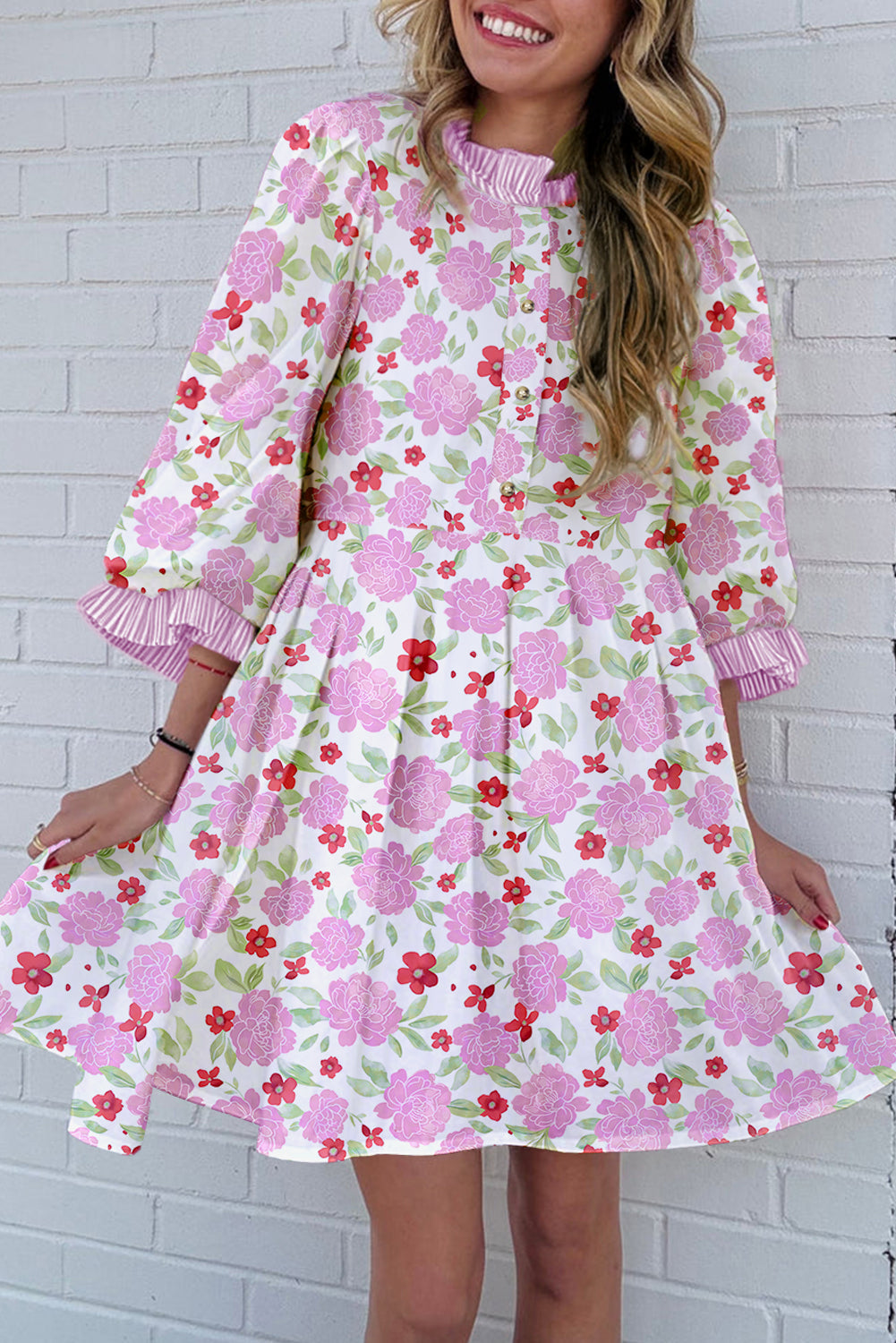Pink Floral Print Striped Trim Flowy Mini Dress For Summer