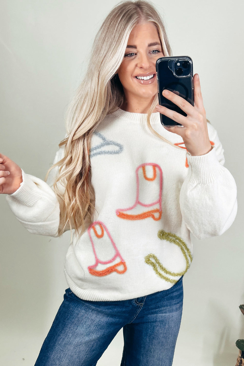 White Tinsel Knit Sweater With Horseshoe Star Pattern
