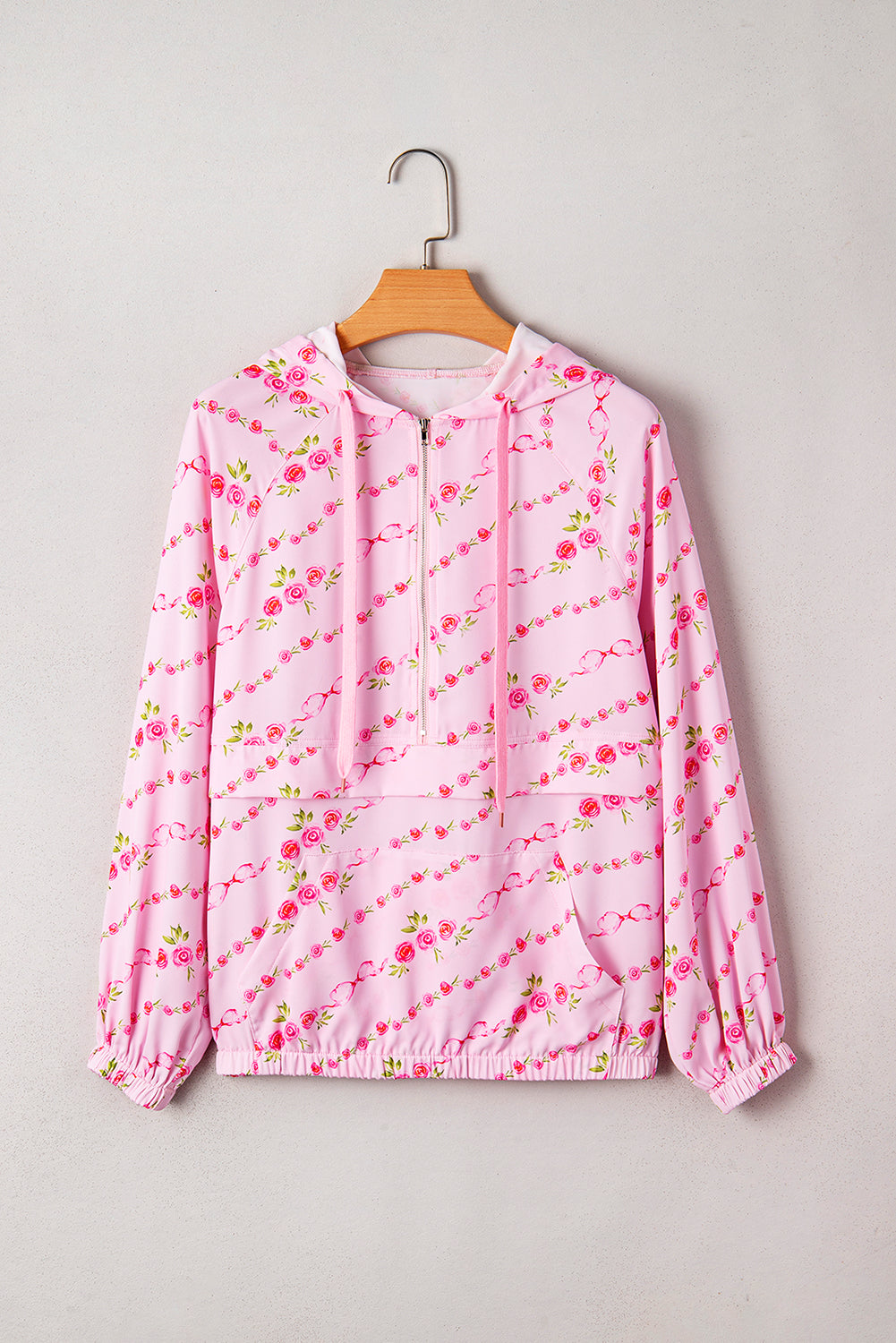Pink Floral Print Half Zip Drawstring Hoodie Kangaroo Pouch