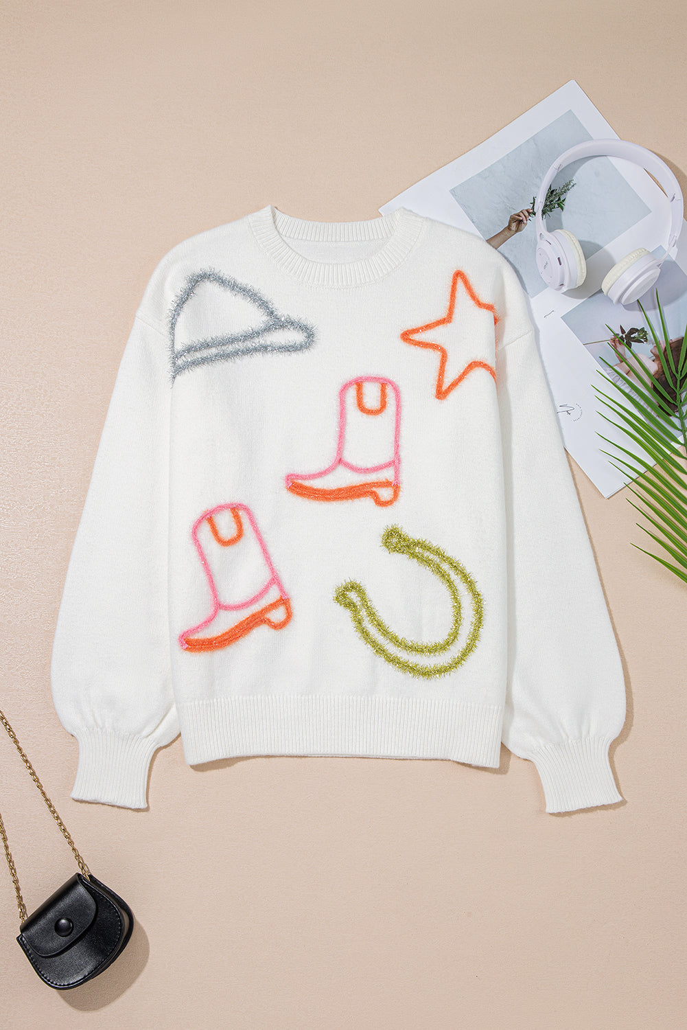 White Tinsel Knit Sweater With Horseshoe Star Pattern