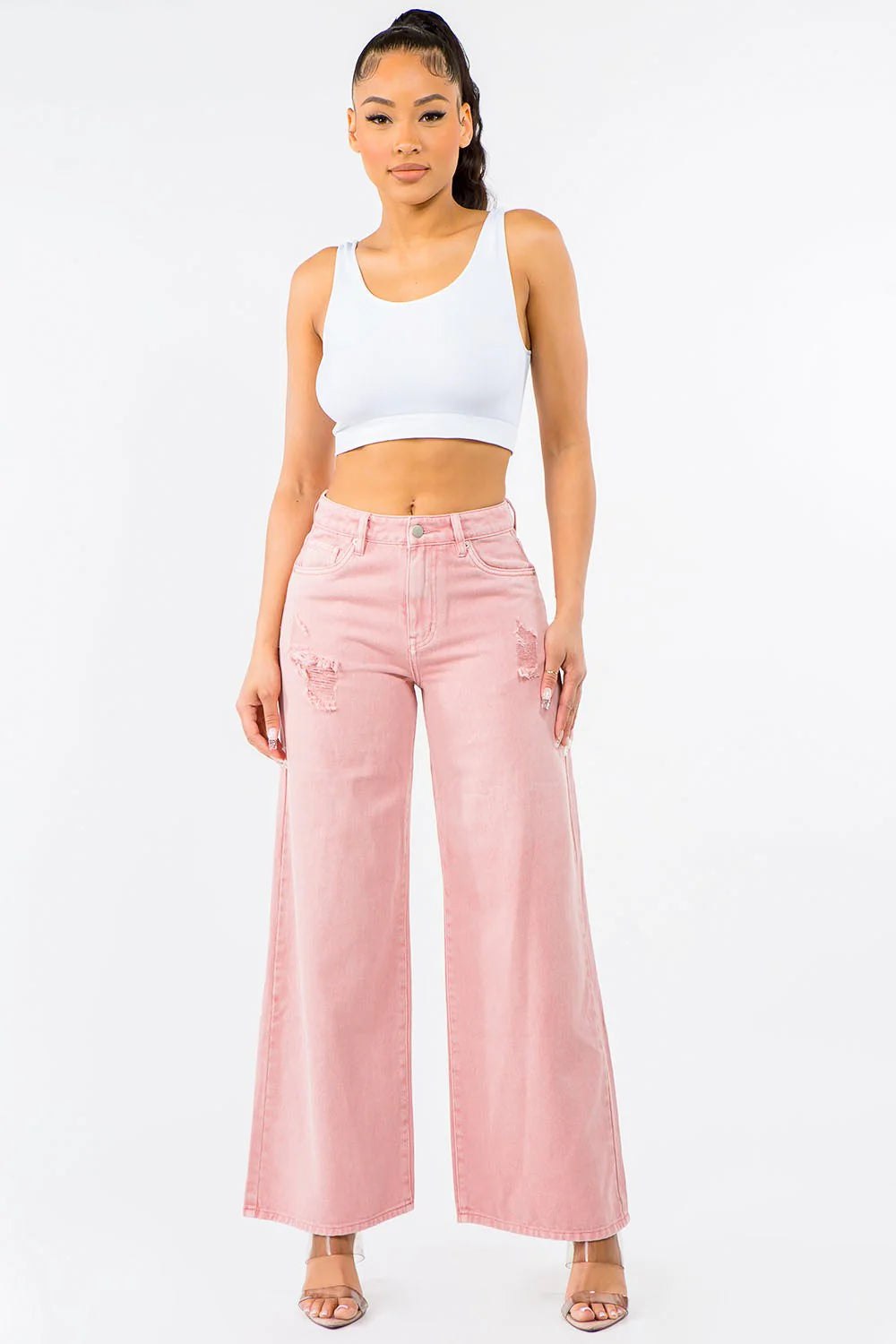 Get ready to slay in these American Bazi High Waist Distressed Wide Leg Jeans! 🖤👖 #FashionGoals #DenimDreams