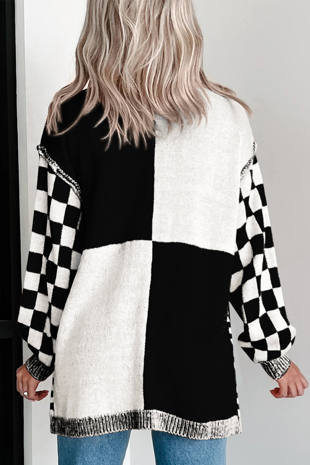 Checkered Open Front Drop Shoulder Cardigan Casual