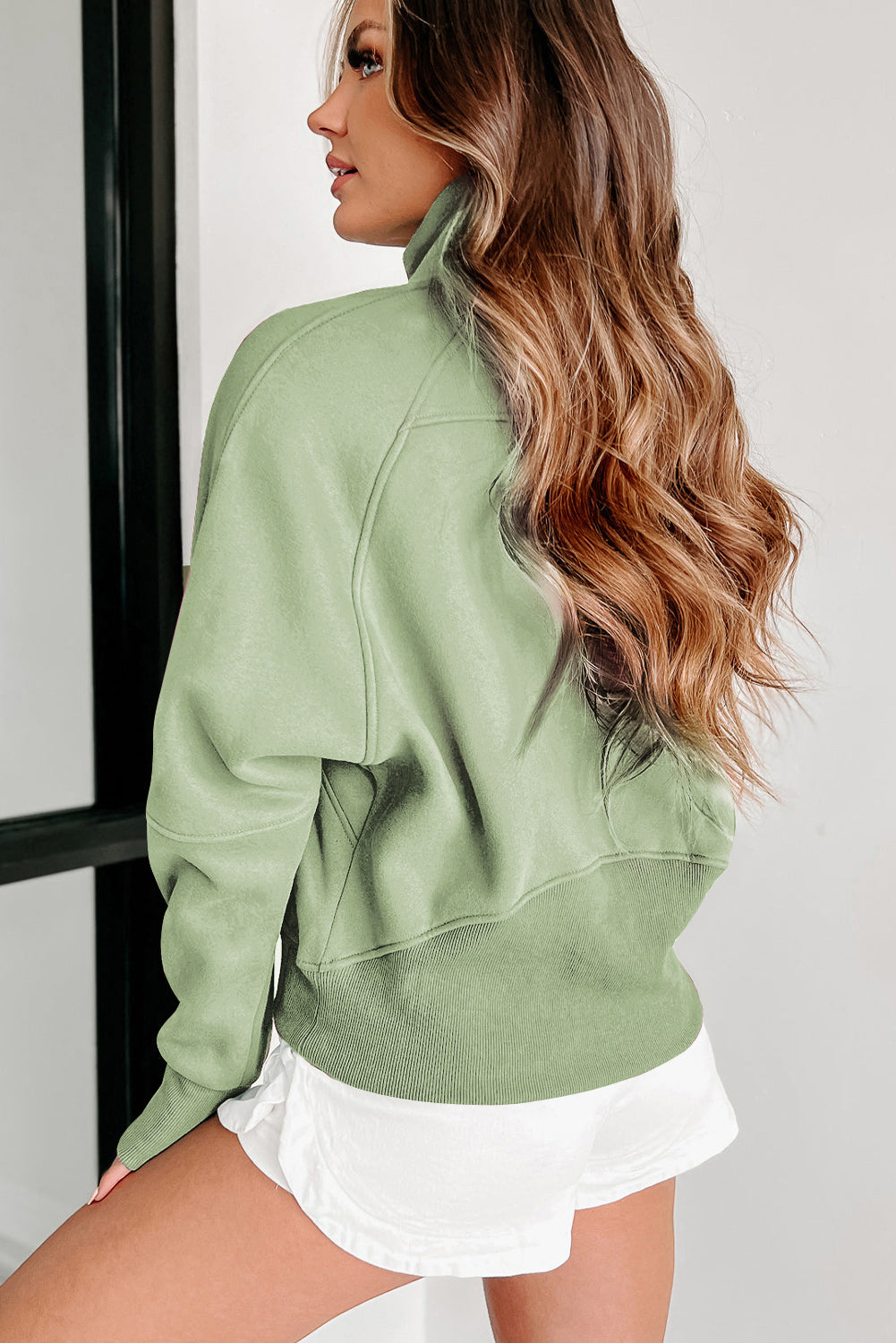 Green Zip Stand Collar Ribbed Thumbhole Sleeve Sweatshirt